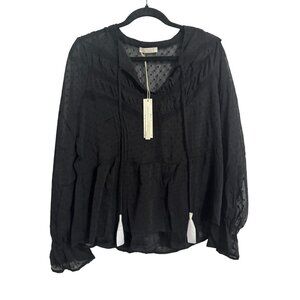 Lovestitch Black Sheer Swiss Dot Long Sleeve Blouse With Tie Neck Detailing Wome